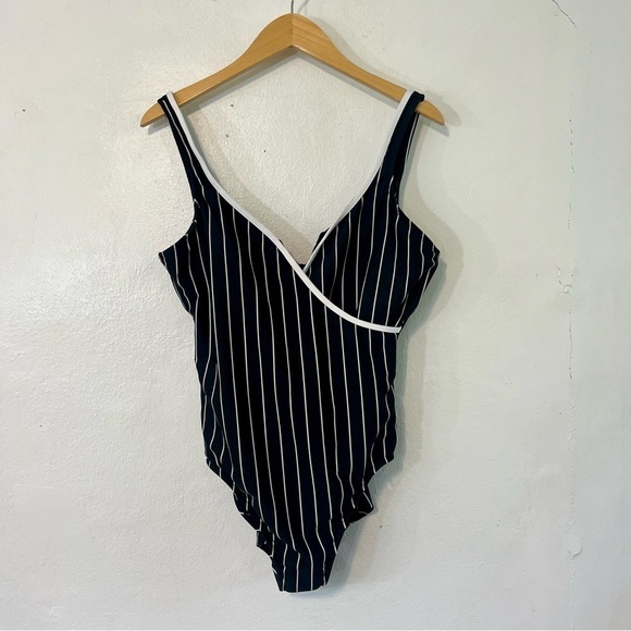 Vtg Cole of California One Piece Swimsuit Sz 16 Vertical Striped Black Pin Up - Picture 3 of 11